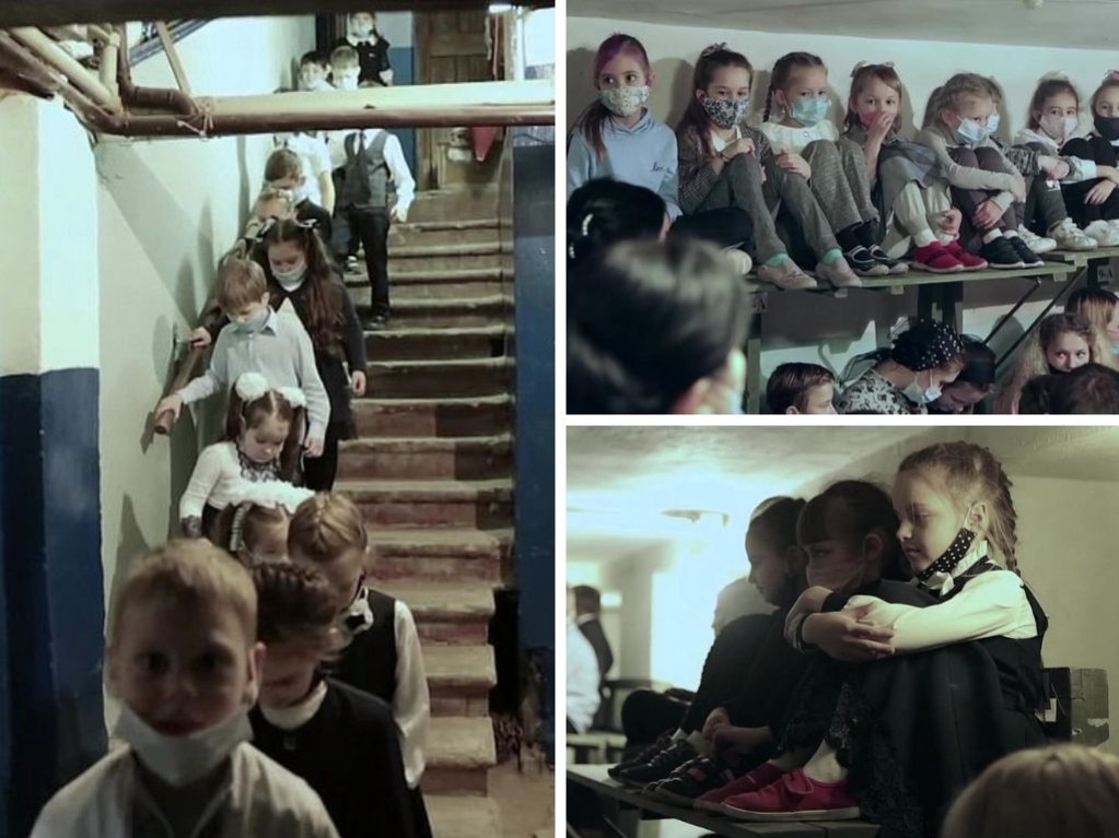 School children take cover in Ukraine.