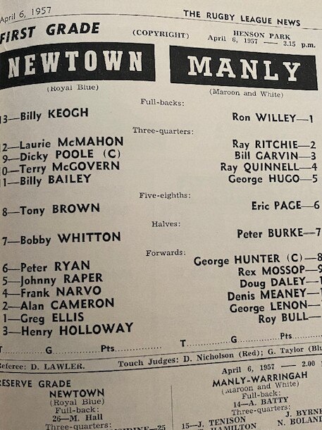 Team lists from Johnny Raper’s debut in first grade – Newtown v Manly April 6, 1957.