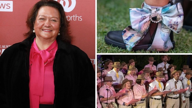 Gina Rinehart celebrated her 71st birthday with entertainment from a staff choir wearing Rossi boots and Kidman-branded apparel.