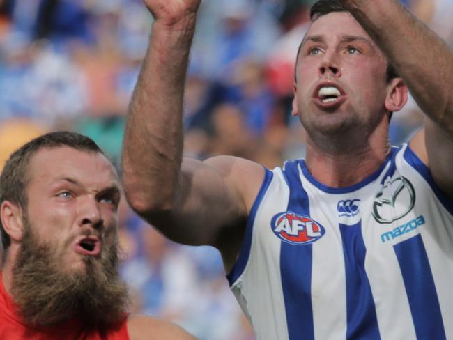 AFL: North Melbourne vs. Melbourne, Blundstone Arena: Melbourne's Max gawn and North's Todd Goldstein contest a mark Picture: LUKE BOWDEN