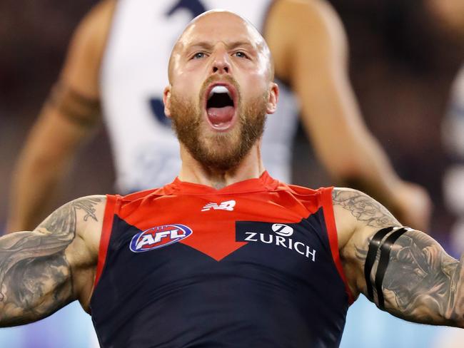 MELBOURNE, AUSTRALIA - SEPTEMBER 07: Nathan Jones of the Demons celebrates a goal during the 2018 AFL First Elimination Final match between the Melbourne Demons and the Geelong Cats at the Melbourne Cricket Ground on September 07, 2018 in Melbourne, Australia. (Photo by Michael Willson/AFL Media/Getty Images)