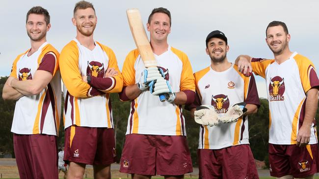 FAB FIVE: Tea Tree Gully stalwarts, from left, Tim and Brad Evans, Matt Weaver, Tim Davey and Adam Somerfield have 47 SACA premiership medals between them. Picture: Emma Brasier (AAP).