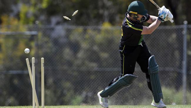 Box Hill’s captain Tom Newman gets bowled by Sam Duggan. Picture: Andy Brownbill