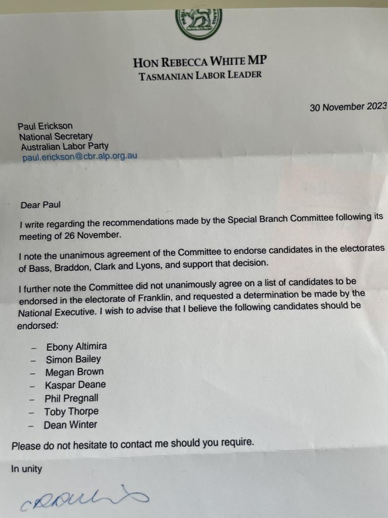 Leaked letter from Labor leader Rebecca White on Franklin candidates.