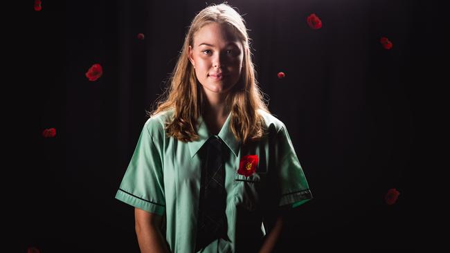 Alanah Kennedy will sing in France on Anzac Day as part of the 2019 Voices of Birralee Anzac Commemoration Choir. Picture: Paul Broadhurst, Craigslea State High School