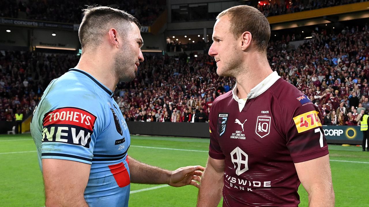 James Tedesco congratulates opposing skipper Daly Cherry-Evans after the game. Picture: Getty Images