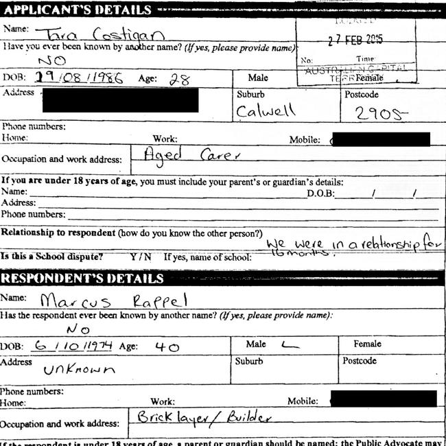 A copy of the Domestic Violence application lodged by Ms Costigan.