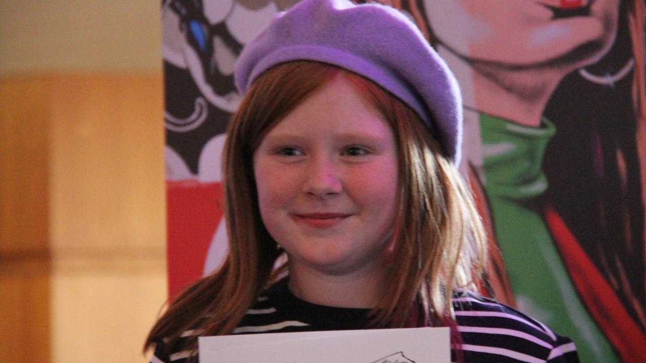 10-year-old Scarlett Dennison won the 9-12-year-old category of the Young Archie portrait competition in Alice Springs with her portrait 'for my b.f.f', a portrait of her best friend. May 2023. Picture: Gera Kazakov