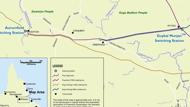 A map showing the route for the Kidston to Mount Fox power line.