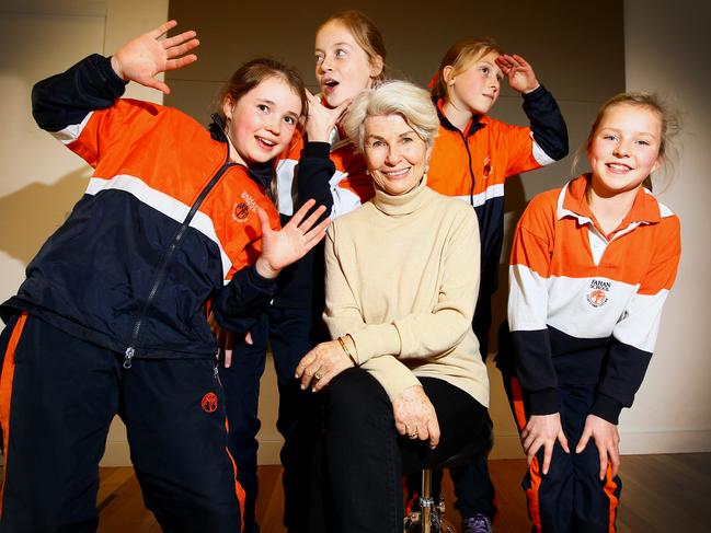 Robyn Nevin returned to Fahan School as a keynote speaker at an event in 2013. Pictured with students Abi Rodburn, Phoebe Fitzgerald, Kathryn Sypkes and Ellen Weeding. Picture: Luke Bowden