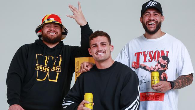 Alleged victims Tai Tuivasa and Nathan Cleary, with fellow Drink West owner Tyson Pedro. Picture: Justin Lloyd.