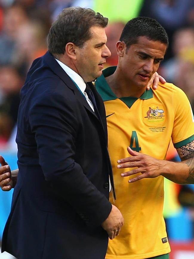 Tim Cahill and Ange Postecoglou hope to see another World Cup together. Picture: Getty Images