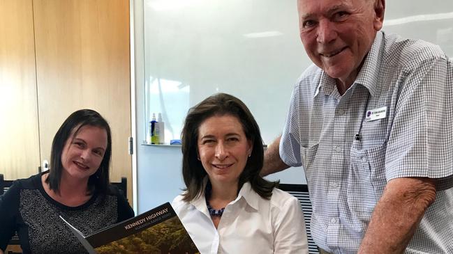 Far North Queensland Regional Organisation of Councils executive officer Darlene Irvine (left) and FNQROC chairman, and Mareeba Shire Mayor Tom Gilmore (right), with the Coalition's North Queensland senator Susan McDonald (centre) in Cairns discussing funding for the Kuranda Range road.