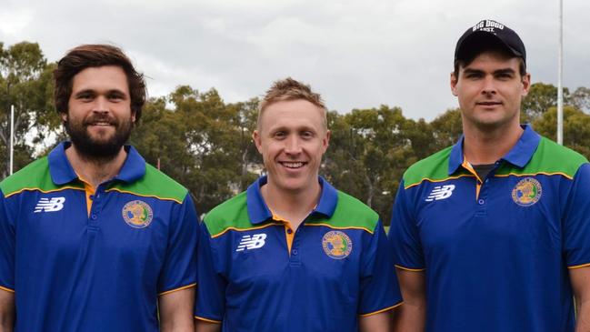 Golden Grove coach Luke Barmby (middle) with star recruits and Norwood premiership players Cam Shenton (left) and Lewis Johnston (right). The Kookaburras have remained undefeated through 14 rounds in 2022. Picture: Golden Grove Football Club