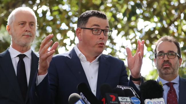 Victorian Premier Daniel Andrews, with Special Minister of State Gavin Jennings and Attorney-General Martin Pakula, on the day the Ombudsman’s report was released. Picture: Alex Coppel