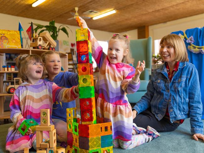 Mum Colleen Brown (right) has used Glen Education’s kinder services for her children Jasmine and Rhiannon, but it’s the first time they’ve sent daughter Kayley to Saturday kinder. Picture: Jason Edwards