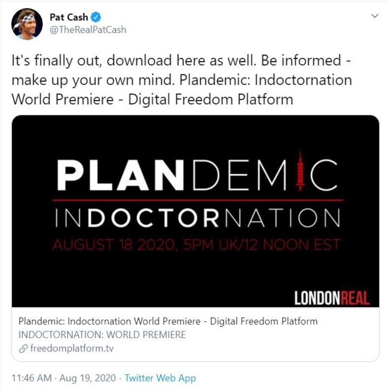 Pat Cash promotes a coronavirus conspiracy theory documentary on Twitter.