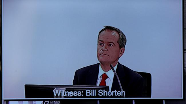 Screen grabs of then Federal Labor leader Bill Shorten's appearance in 2014 before the Royal Commission into Trade Union Governance and Corruption.