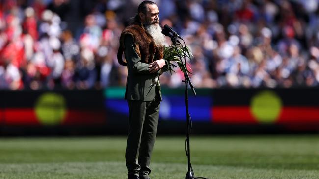 Uncle Colin Hunter Jnr delivers an AFL Welcome to Country. Picture: Mark Stewart