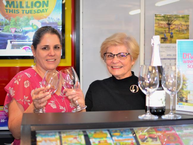 Juanita Rawle and Kay Hancock from Killarney Newsagency celebrating their division 1 Gold Lotto win in 2020.