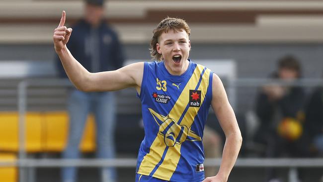 Logan Morris celebrates a goal. Picture: Daniel Pockett/AFL Photos