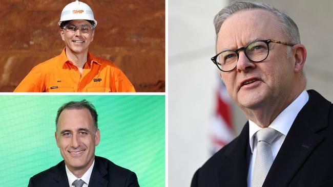 Clockwise from top left: BHP CEO Mike Henry, Prime Minister Anthony Albanese and Wesfarmers CEO Rob Scott.