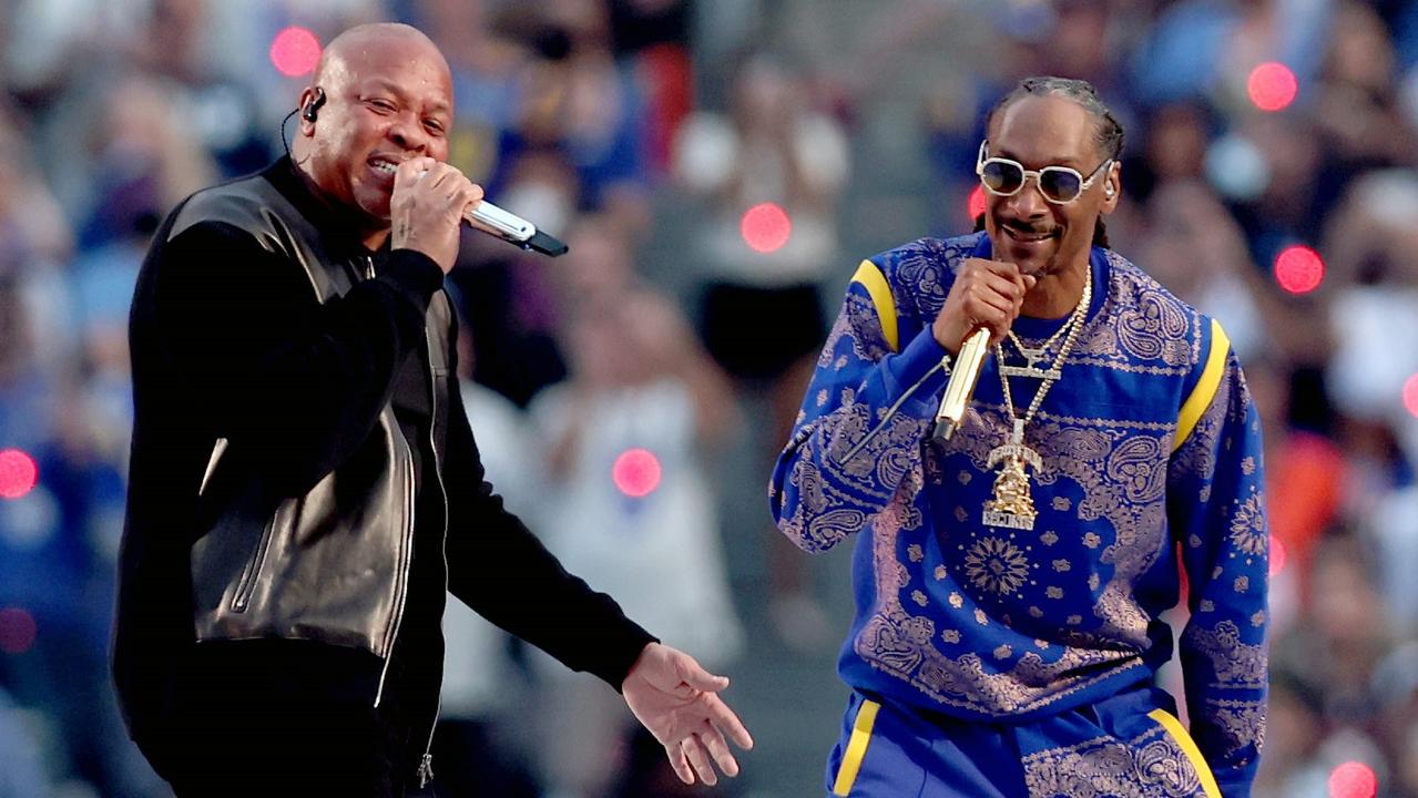 Dr. Dre and Snoop Dogg perform during the Super Bowl LVI Halftime Show. Getty