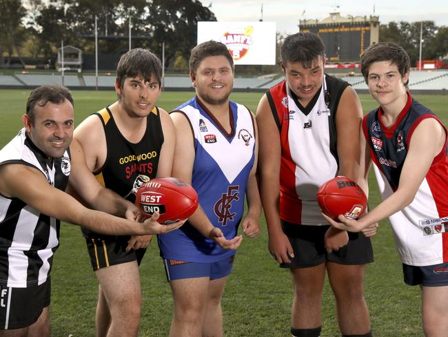 SANFL will commence its first inclusive league in Adelaide next month in a move to give more people with an intellectual disability the opportunity to play footy. Players will include Goce Kuzmanov (Salisbury Magpies), James Swanbury (Goodwood Saints), Alex Linn (Kenilworth Kookaburras), Joshua Couch (Christies Beach Saints) and Drae Bennett (Eastern Park Demons). PHOTO: Dean Martin