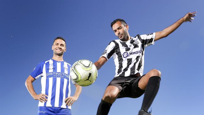 Former Adelaide United stars Marelo Carrusca who is now at West Adelaide and Marcos Flores who is at Adelaide City. The Argentians faced off for the first time in the National Premier League on Saturday. Picture SARAH REED