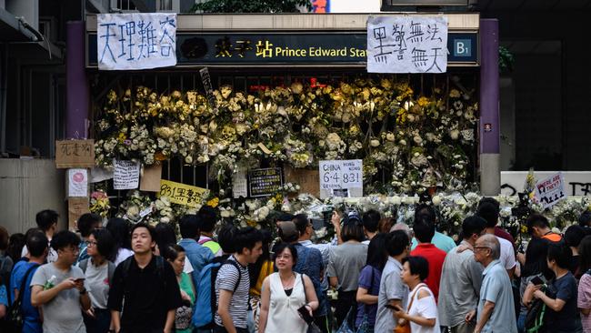 A makeshift memorial at an entrance to the Prince Edward MTR station in Hong Kong in September 2019. Picture: AFP