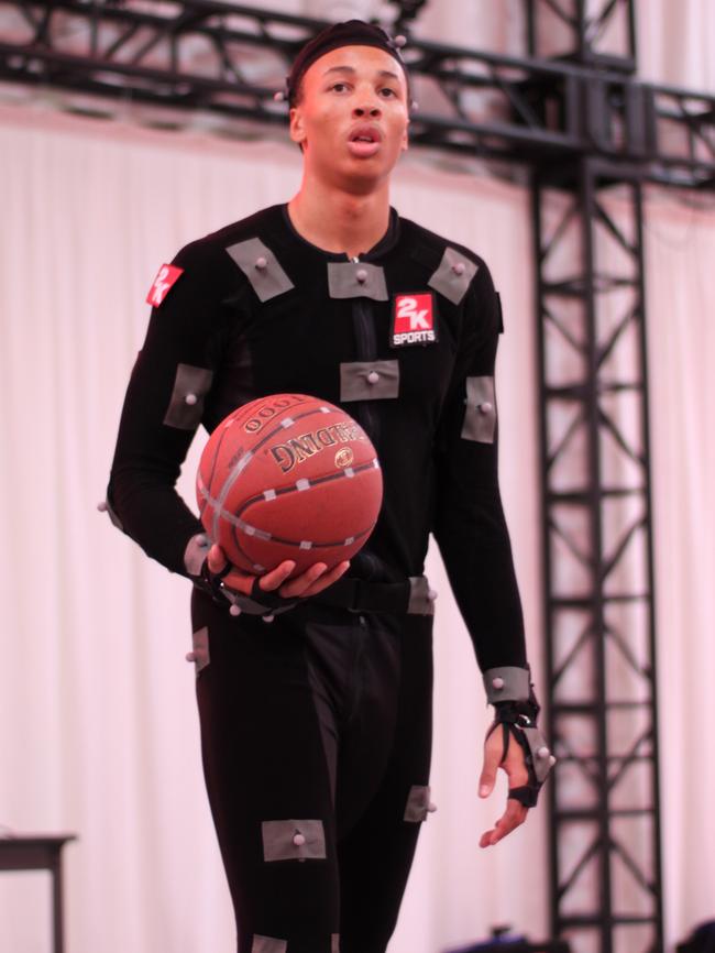 Dante Exum suited up in the motion capture studio making the NBA 2K15 video game.