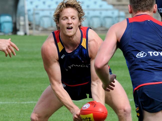 Adelaide Crows training at Football Park. Senior players return to training for first time this pre-season. Rory Sloan during a hand pass drill. Picture Greg Higgs 5/12/2016