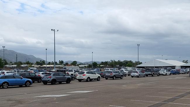 The line up of people to get tested at 1300 Smiles Stadium on Thursday afternoon. Picture: Leighton Smith