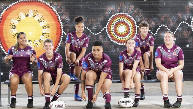 Lyric, Bailey, Ayjah, Axe, Emma, Cooper and Angel from Beenleigh SHS Titans Schools League posing at Beenleigh SHS at 40 Alamein St, Beenleigh, Brisbane 29th of April 2021. (News Corp/Attila Csaszar)