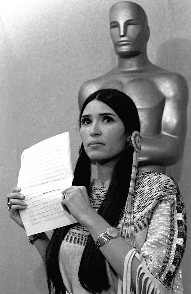 Sasheen Littlefeather holds up a statement that she read at the Academy Awards on behalf of Marlon Brando, who declined to accept his Oscar to protest the treatment of Native Americans. Picture: AP