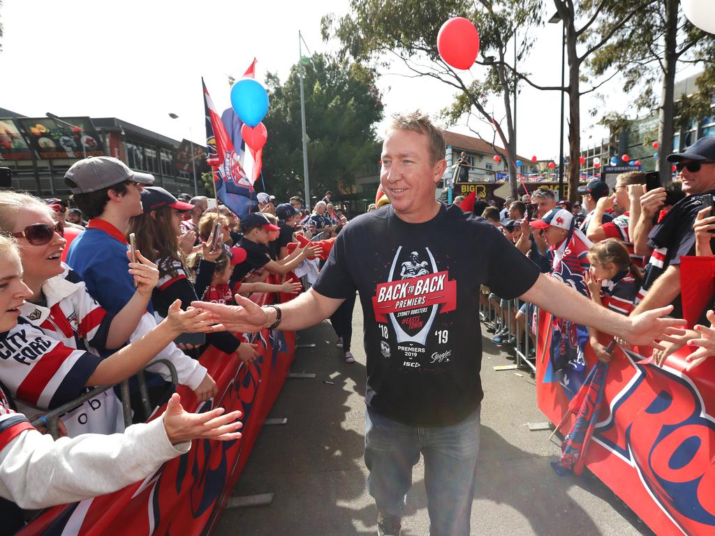 Roosters coach Trent Robinson pictured at the Sydney Roosters fan morning at Moore Park after the Roosters win in the 2019 NRL Grand Final. Picture: Richard Dobson