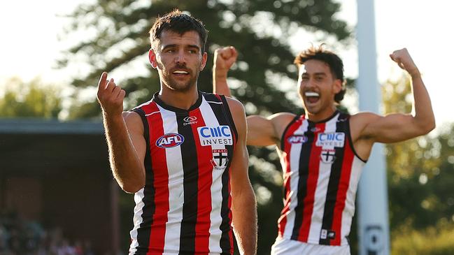 Riley Bonner celebrates a goal for St Kilda. Picture: Sarah Reed/AFL Photos via Getty Images