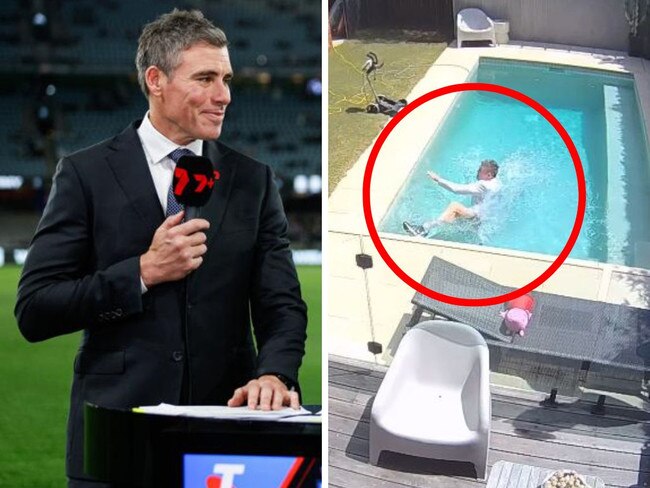 Matthew Richardson at work and taking a dip. Photos: Channel 7/Instagram