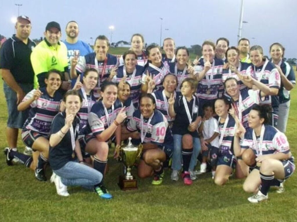 Brittany Breayley-Nati (left of trophy), Natasha Baggow (right of trophy) and Deanna Turner in the Brothers 2011 premiership. Breayley-Nati and Turner could add an NRLW premiership to their resumes on Sunday. Picture: Supplied.