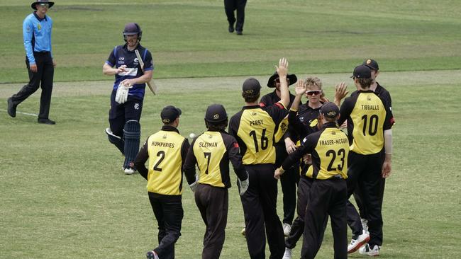 Richmond celebrates as Prahran opening batsman Nicholas Blaich sets out for the pavilion.