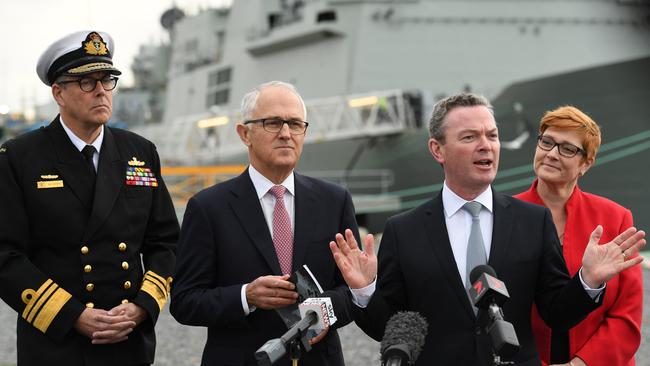 PM Malcolm Turnbull visited the Osborne Naval Shipyard with Minister for Defence Marise Payne, Minister for Defence Industry Christopher Pyne, and Vice Admiral Ray Griggs. Picture: Naomi Jellicoe