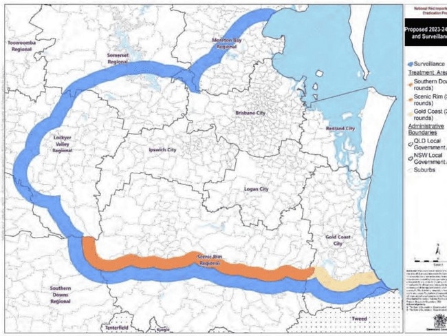 Map of reduced treatment and surveillance area for 2023/24 under revised work plan. Picture: Invasive Species Council