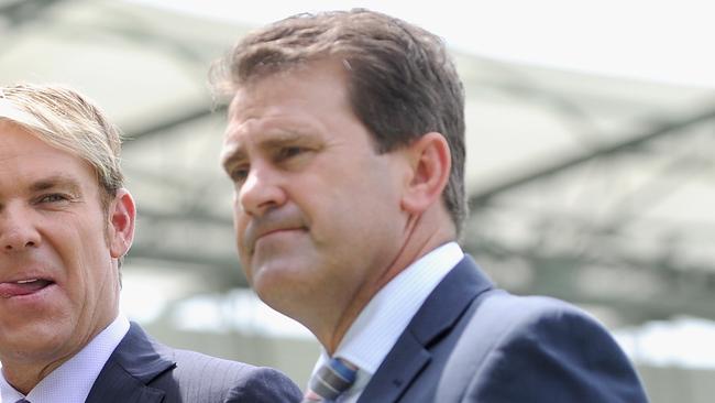 BRISBANE, AUSTRALIA — NOVEMBER 24: Channel Nine commentators Mark Nicholas, Shane Warne and Mark Taylor during day four of the First Ashes Test match between Australia and England at The Gabba on November 24, 2013 in Brisbane, Australia. (Photo by Gareth Copley/Getty Images)