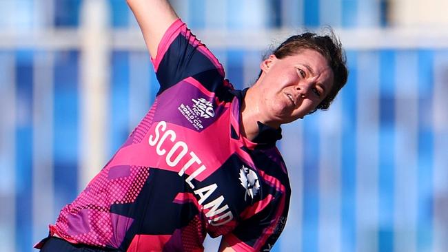 SHARJAH, UNITED ARAB EMIRATES - OCTOBER 13: Kathryn Bryce of Scotland bowls during the ICC Women's T20 World Cup 2024 match between England and Scotland at Sharjah Cricket Stadium on October 13, 2024 in Sharjah, United Arab Emirates. (Photo by Francois Nel/Getty Images)