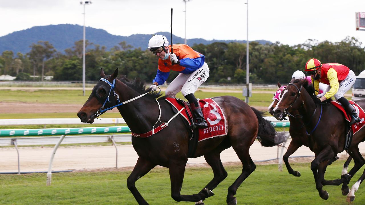 The Darryl Hansen-trained Doctor Zous, ridden by jockey Nathan Day, wins the Cairns Newmarket (1400m) at Cannon Park. Picture: Brendan Radke