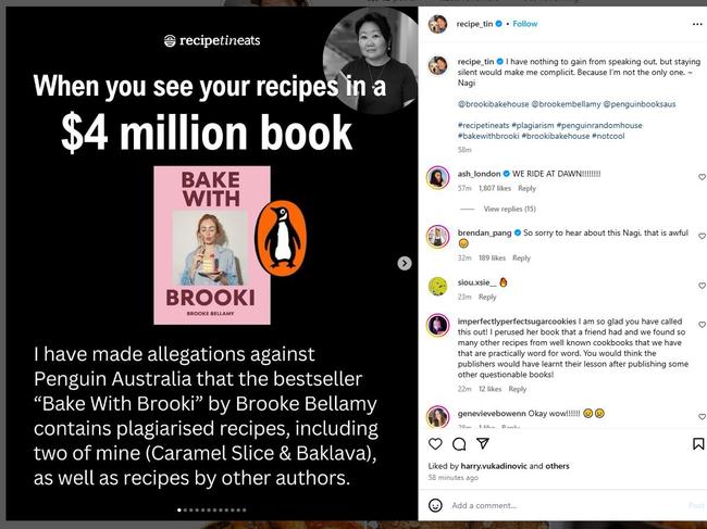 Instagram post by Nagi Maehashi who published RecipeTin Eats accusing Brooke Bellamy of copying her recipes in Bake with Brooki Picture: Instagram / Nagi & Dozer RecipeTin Eats