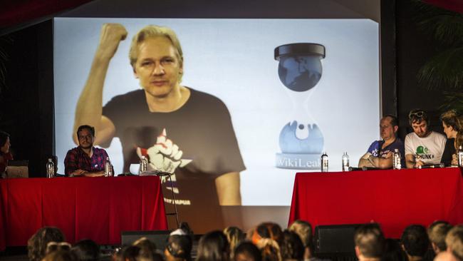 Julian Assange sends a pre recorded message to Splendour in the Grass on July 26, 2013. Picture: AAP Image/Damian Shaw