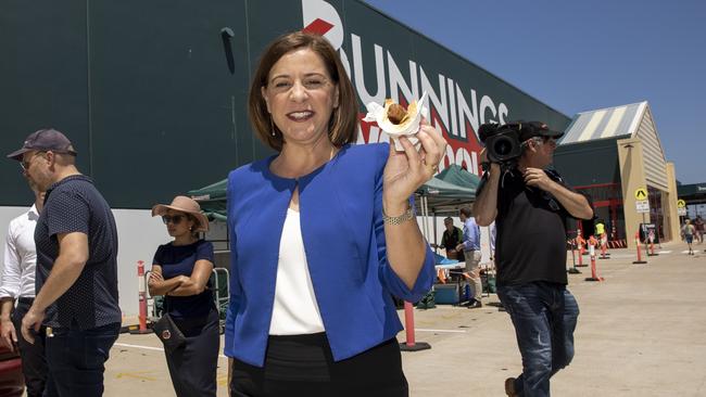 Queensland opposition leader Deb Frecklington stops at a Bunnings for the obligatory sausage on election day. Picture: NCA NewsWire / Sarah Marshall