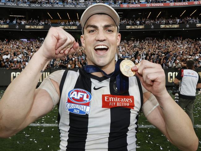 MELBOURNE, AUSTRALIA - SEPTEMBER 30: Brayden Maynard of the Magpies poses with his Premiership Medal after during the 2023 AFL Grand Final match between Collingwood Magpies and Brisbane Lions at Melbourne Cricket Ground, on September 30, 2023, in Melbourne, Australia. (Photo by Darrian Traynor/AFL Photos/via Getty Images)