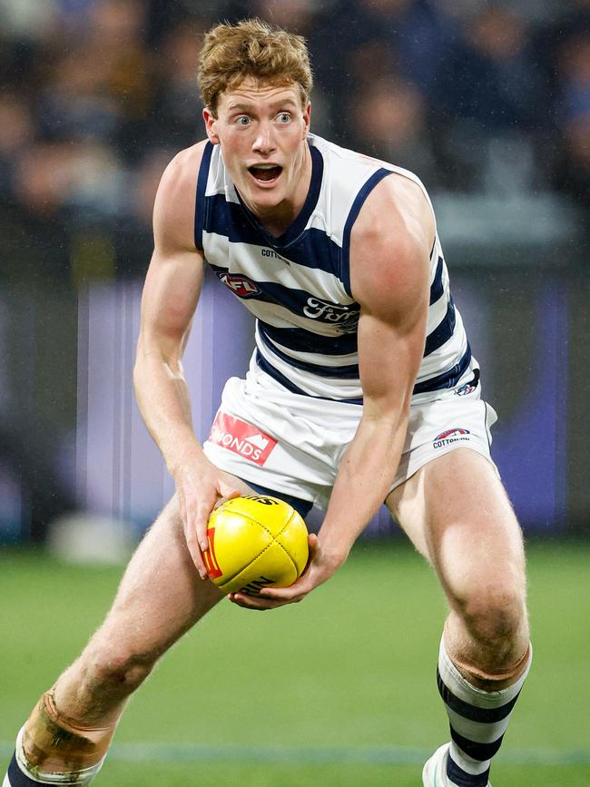 Toby Conway seems likely to usurp Rhys Stanley as Geelong’s No. 1 ruckman. Picture: Dylan Burns/AFL Photos via Getty Images